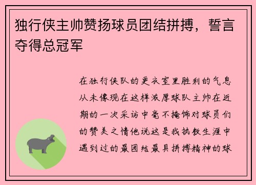 独行侠主帅赞扬球员团结拼搏，誓言夺得总冠军