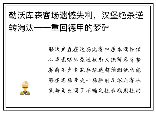 勒沃库森客场遗憾失利，汉堡绝杀逆转淘汰——重回德甲的梦碎